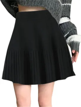 SANGTREE Women's Cute Stretchy Knit Short Pleated Solid Sweater Skirt