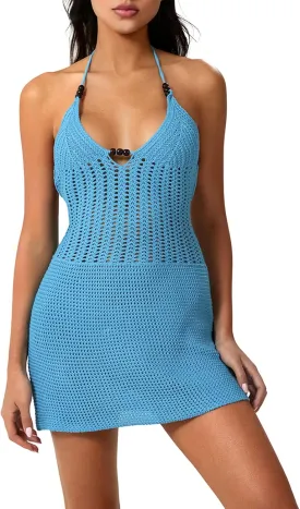 Women Halter Crochet Mini Dress Sexy Backless Knit Hollow Out Bodycon Y2k Party Dress for Club Streetwear Beach