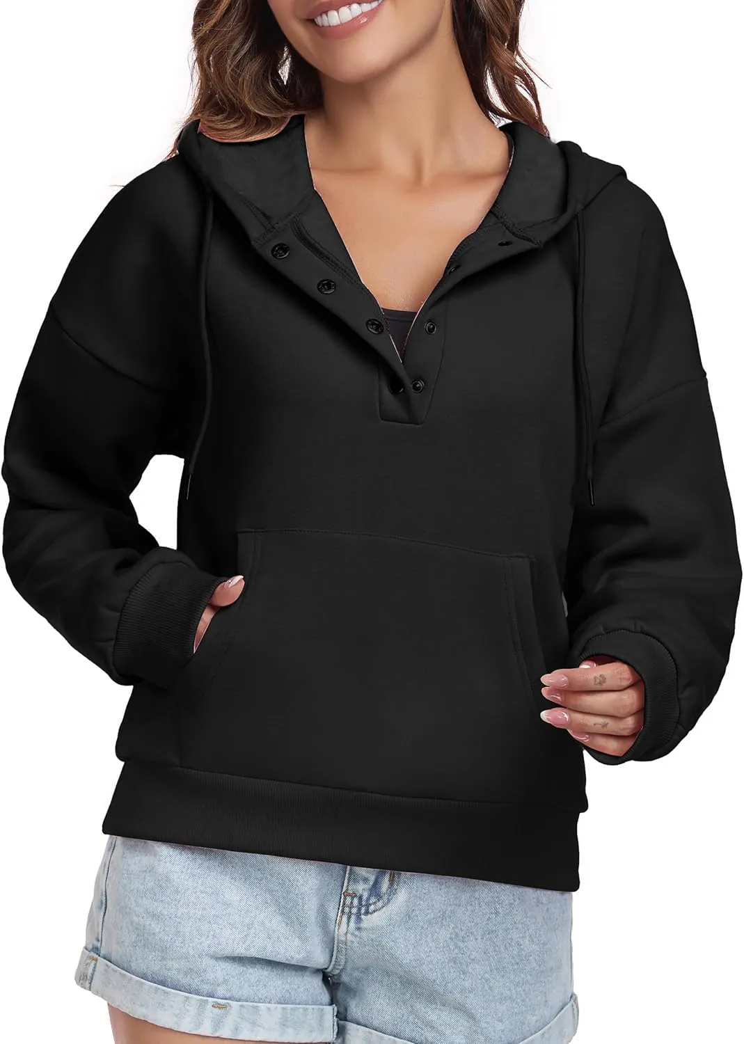 Women Hoodies Casual Button Down Sweatshirt Drawstring Long Sleeve Pullover Fall Winter Clothes with Pockets