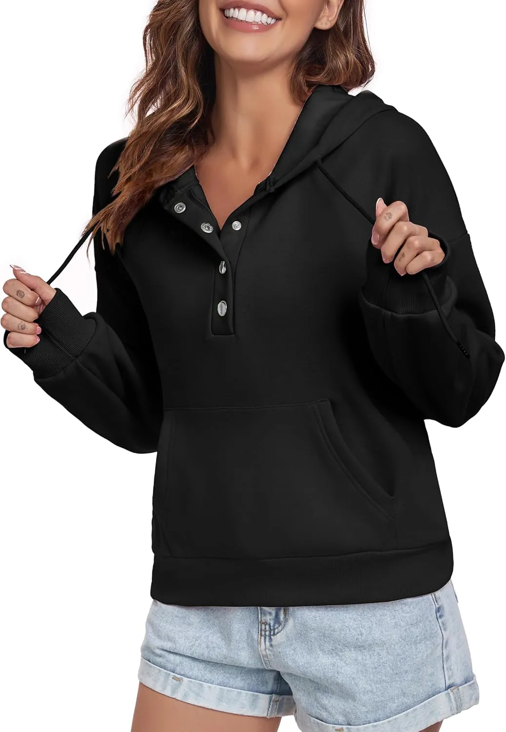 Women Hoodies Casual Button Down Sweatshirt Drawstring Long Sleeve Pullover Fall Winter Clothes with Pockets