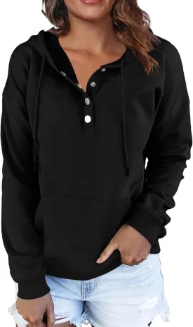 Women Hoodies Casual Button Down Sweatshirt Drawstring Long Sleeve Pullover Fall Winter Clothes with Pockets