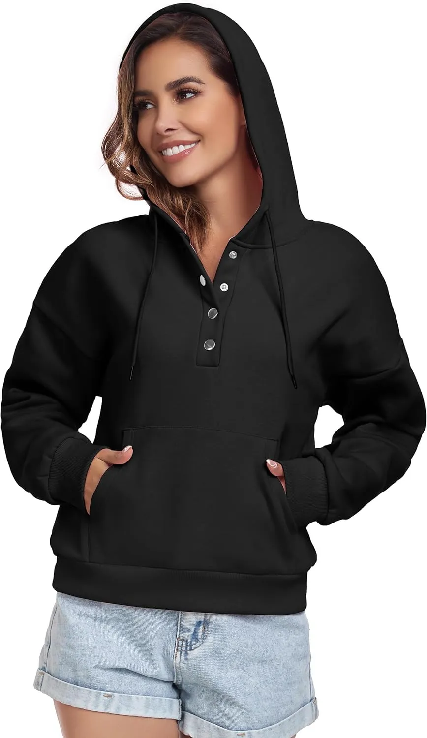 Women Hoodies Casual Button Down Sweatshirt Drawstring Long Sleeve Pullover Fall Winter Clothes with Pockets