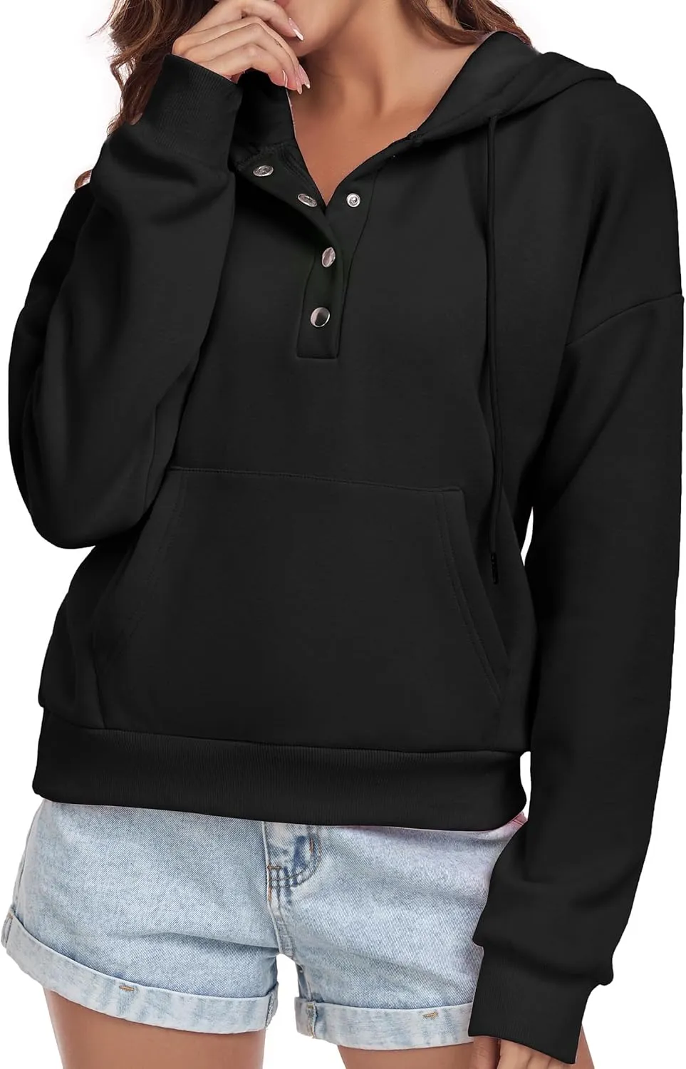 Women Hoodies Casual Button Down Sweatshirt Drawstring Long Sleeve Pullover Fall Winter Clothes with Pockets