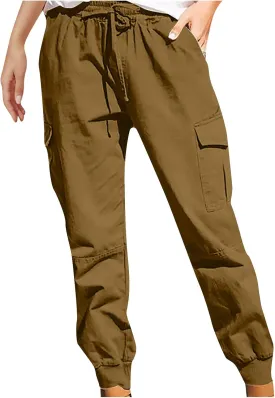 Women's Cargo Pants Tapered Leg Joggers Drawstring High Waist Pants Cotton Casual Hiking Trousers with Pockets