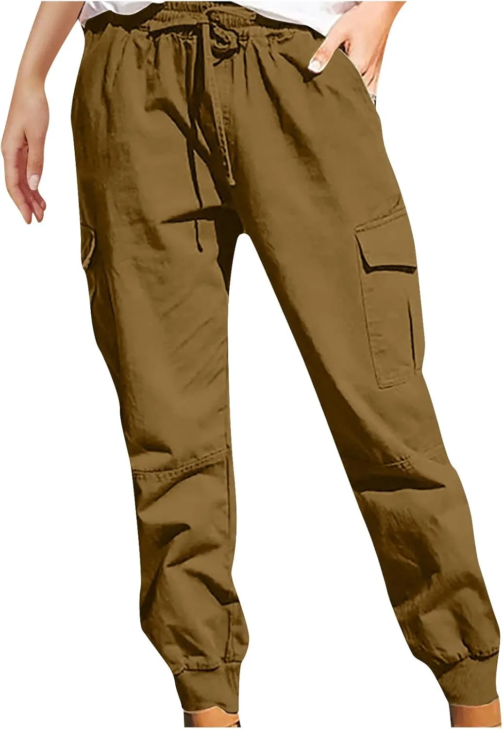 Women's Cargo Pants Tapered Leg Joggers Drawstring High Waist Pants Cotton Casual Hiking Trousers with Pockets