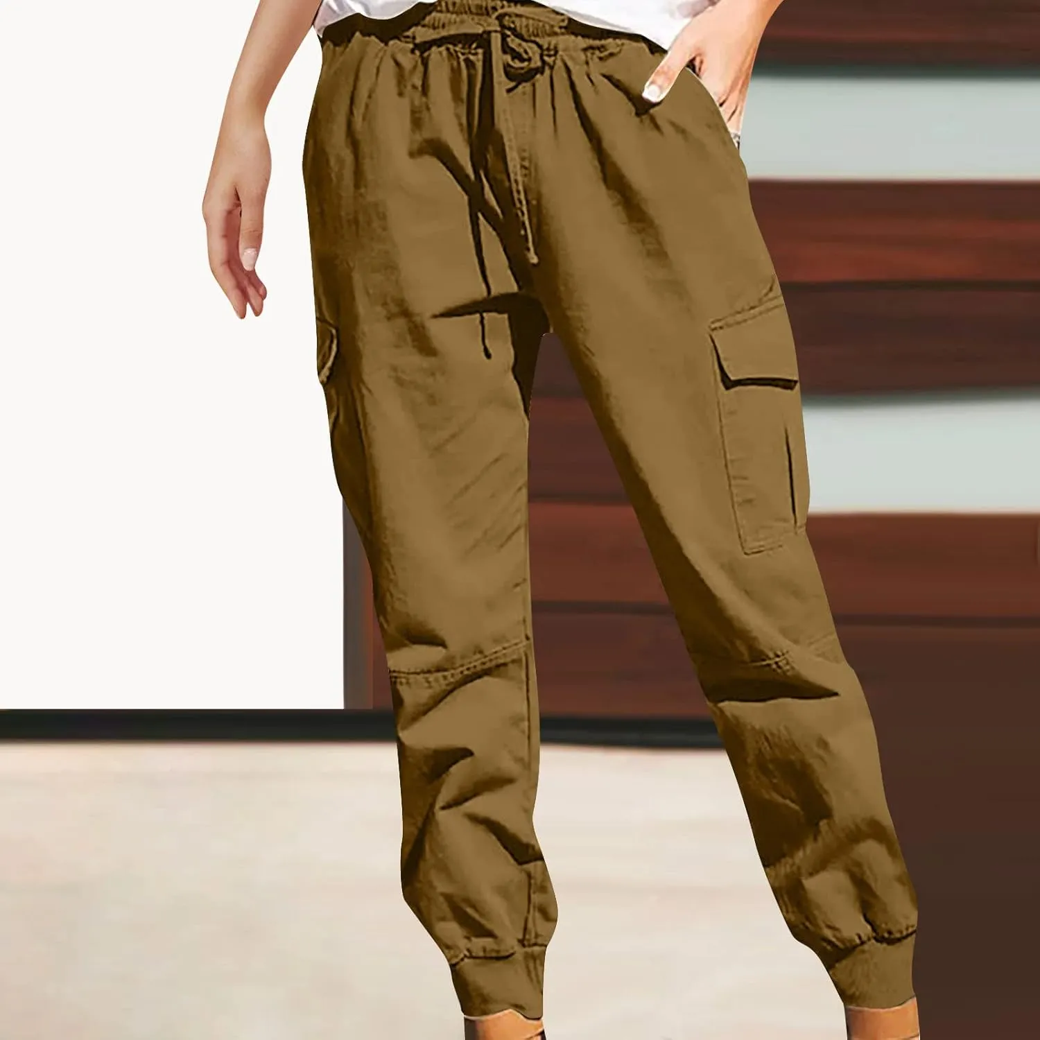 Women's Cargo Pants Tapered Leg Joggers Drawstring High Waist Pants Cotton Casual Hiking Trousers with Pockets
