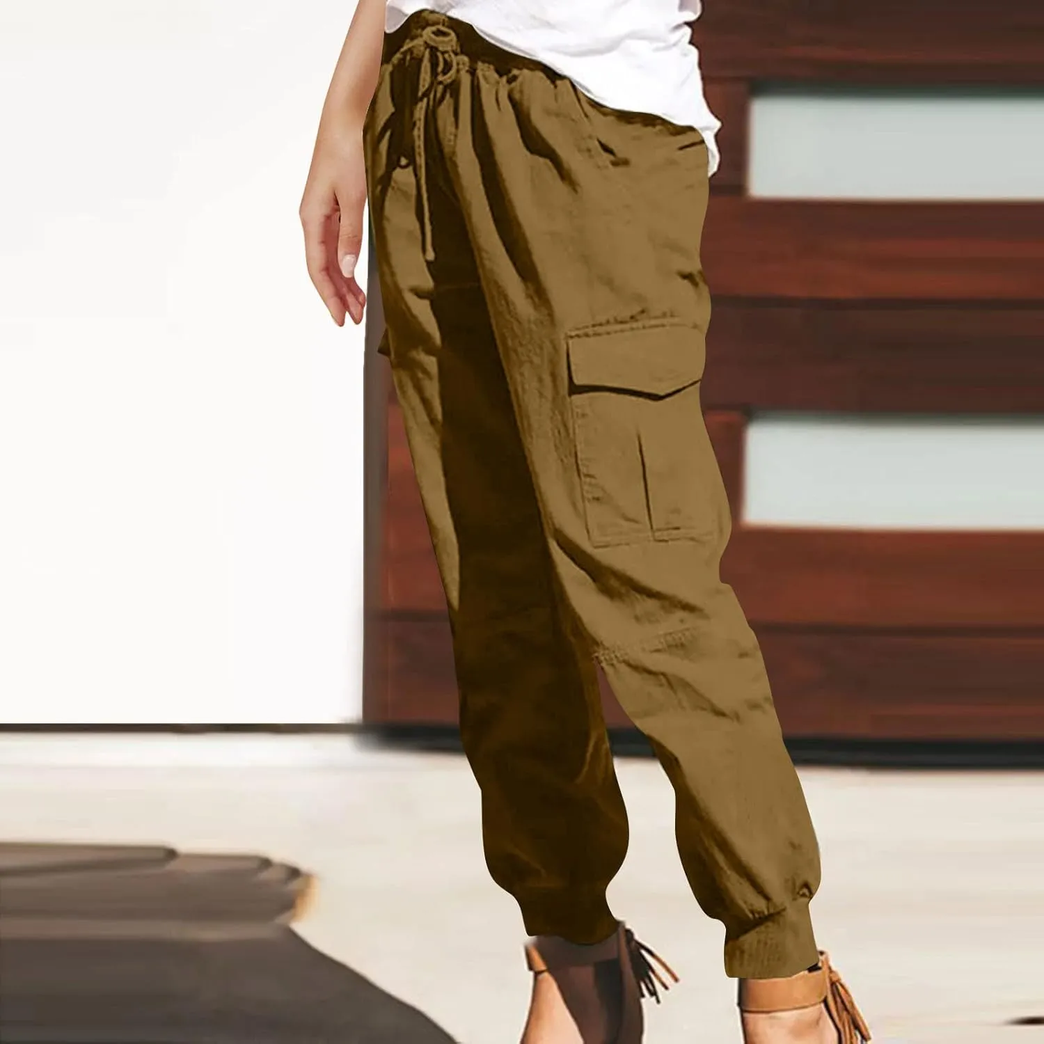 Women's Cargo Pants Tapered Leg Joggers Drawstring High Waist Pants Cotton Casual Hiking Trousers with Pockets