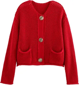 Yimoon Womens Cropped Cardigan Sweaters Gold Button Down Chunky Knit Sweaters Long Sleeve Open Front Fall Crochet Cardigan