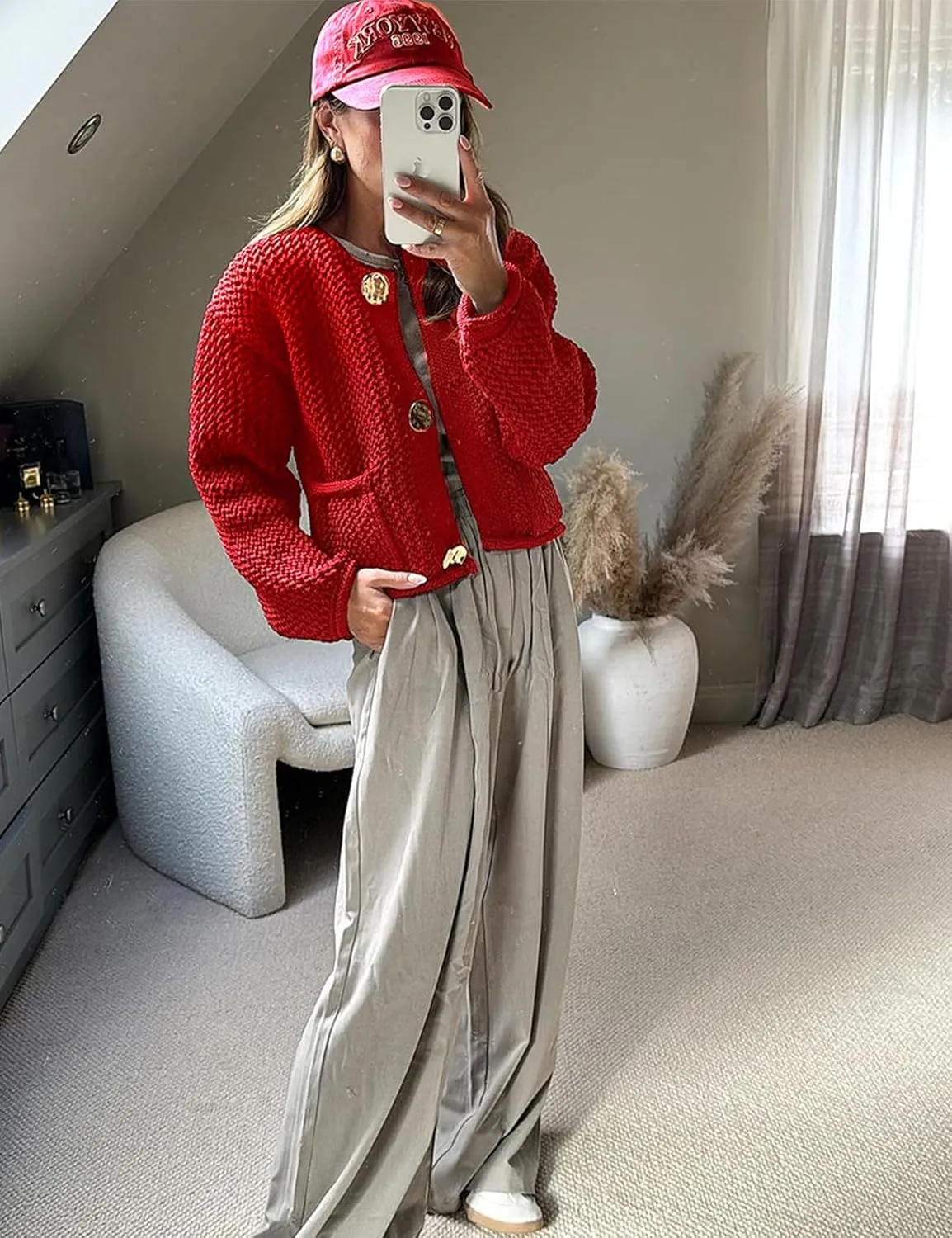 Yimoon Womens Cropped Cardigan Sweaters Gold Button Down Chunky Knit Sweaters Long Sleeve Open Front Fall Crochet Cardigan