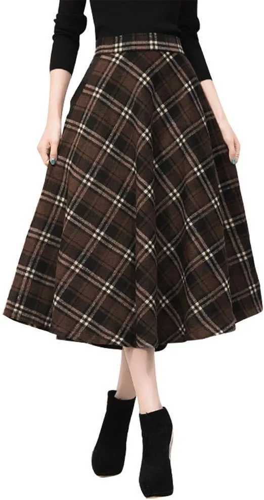 Ylingjun Long Plaid Wool Skirt for Womens Winter Fall High Elastic Waist A Line Flared Pleated Wool Skirts