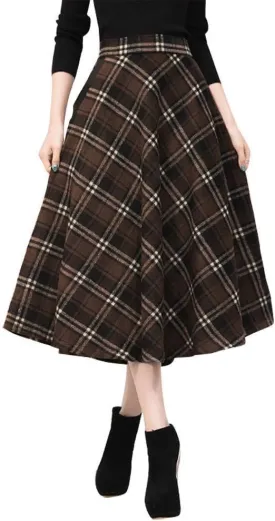 Ylingjun Long Plaid Wool Skirt for Womens Winter Fall High Elastic Waist A Line Flared Pleated Wool Skirts