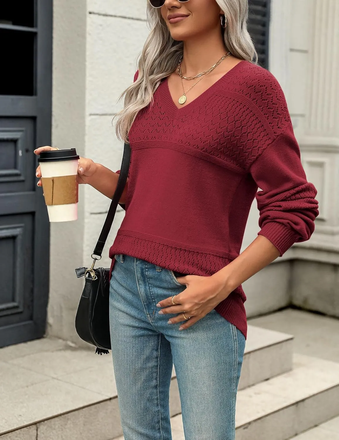 Zeagoo Womens 2025 Fall Sweaters Casual Long Sleeve Ribbed Knit Pullover V Neck Lightweight Crochet Pullover Sweater Top