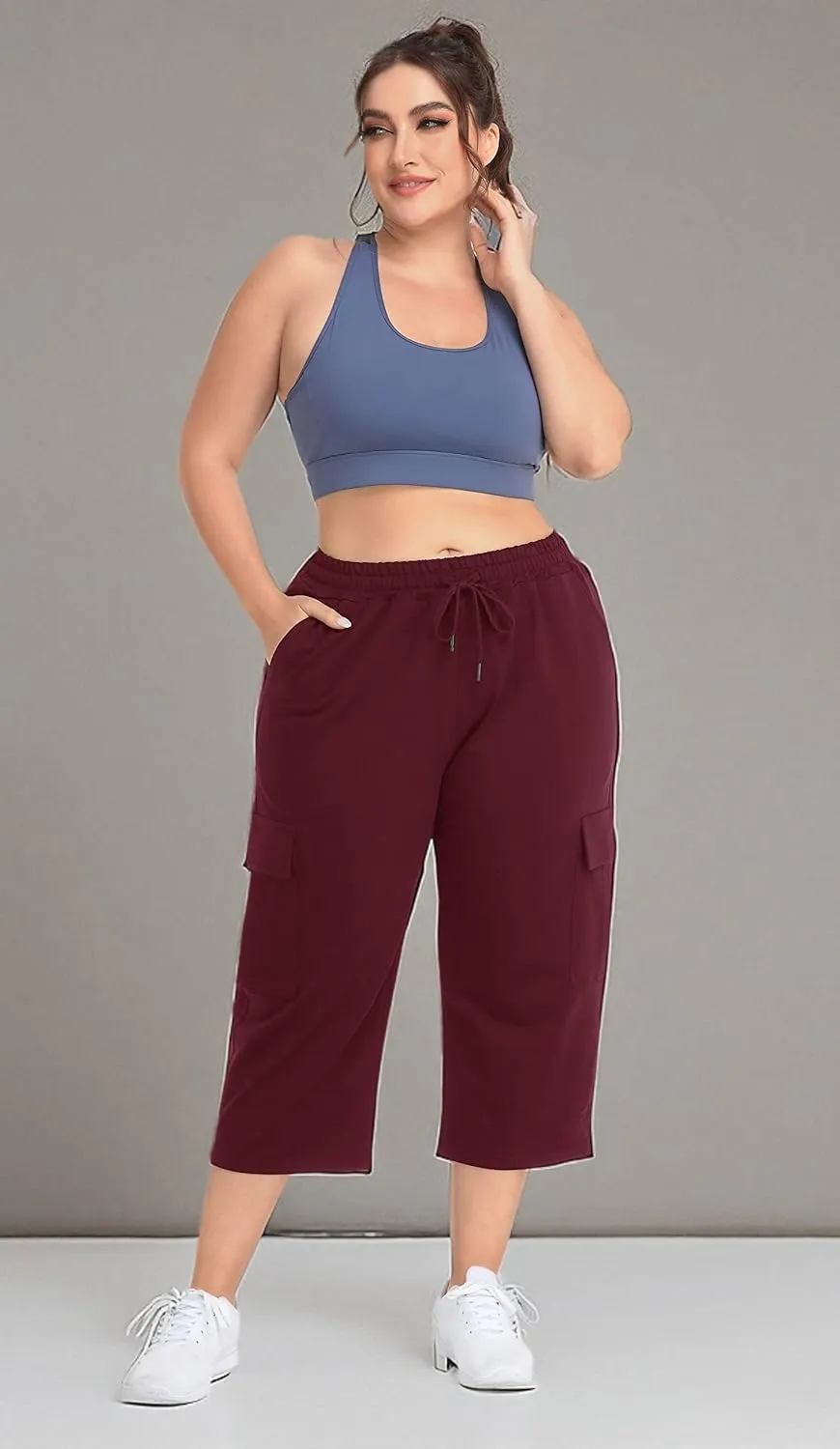 ZERDOCEAN Women's Plus Size Cargo Capri Sweatpants Active Workout Casual Sweat Crop Pants Pockets Drawstring
