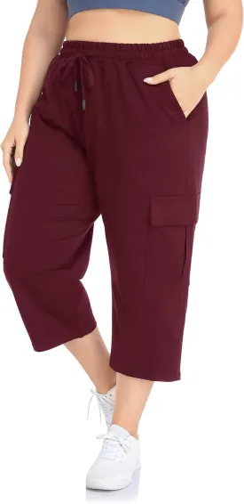 ZERDOCEAN Women's Plus Size Cargo Capri Sweatpants Active Workout Casual Sweat Crop Pants Pockets Drawstring