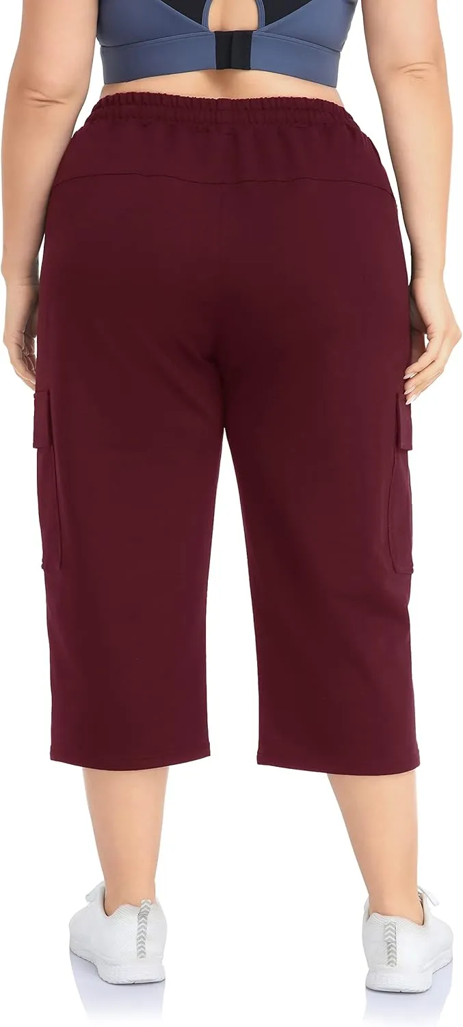 ZERDOCEAN Women's Plus Size Cargo Capri Sweatpants Active Workout Casual Sweat Crop Pants Pockets Drawstring