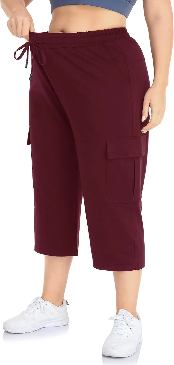ZERDOCEAN Women's Plus Size Cargo Capri Sweatpants Active Workout Casual Sweat Crop Pants Pockets Drawstring