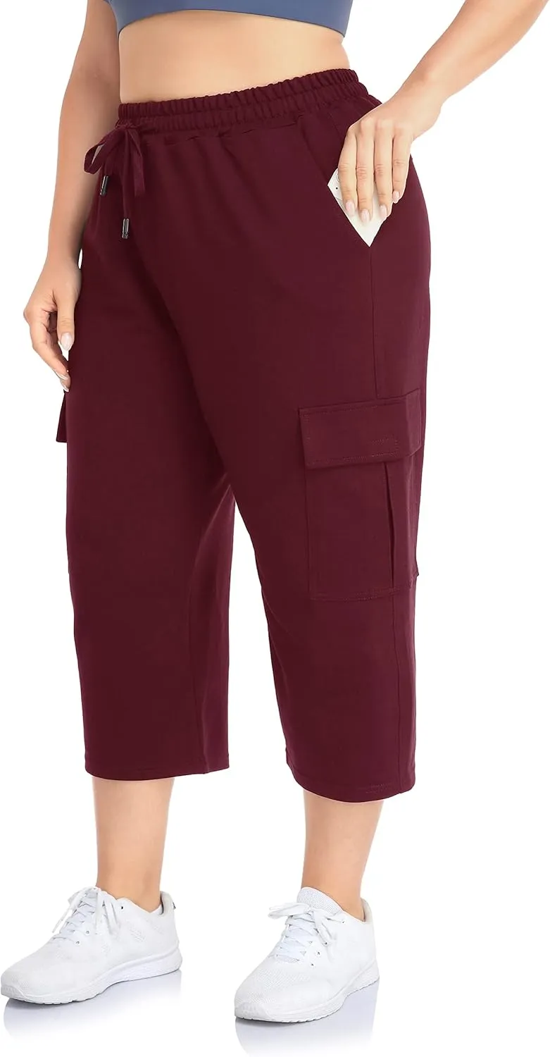 ZERDOCEAN Women's Plus Size Cargo Capri Sweatpants Active Workout Casual Sweat Crop Pants Pockets Drawstring