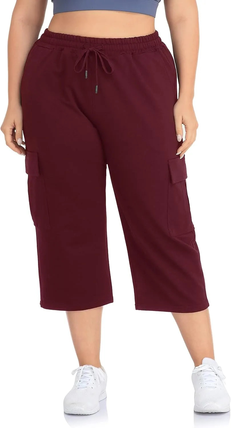 ZERDOCEAN Women's Plus Size Cargo Capri Sweatpants Active Workout Casual Sweat Crop Pants Pockets Drawstring
