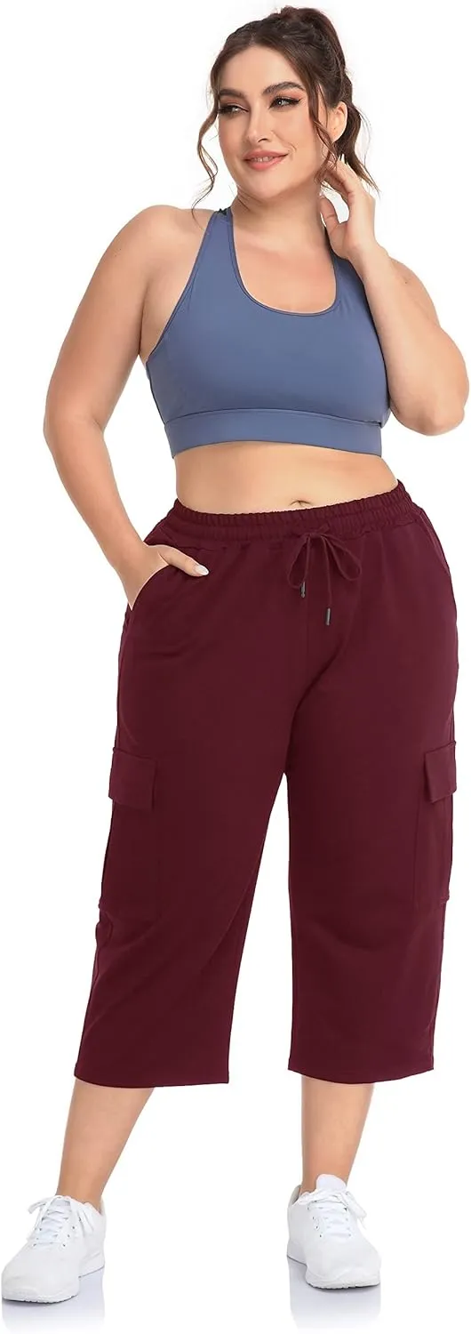 ZERDOCEAN Women's Plus Size Cargo Capri Sweatpants Active Workout Casual Sweat Crop Pants Pockets Drawstring